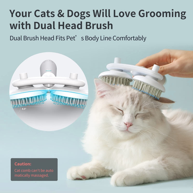 Cat being groomed with a dual head brush on a light blue background