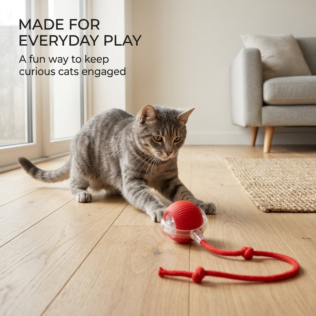 Interactive Cat Ball Toy – Rolling Motion Ball with Rope Pull for Cats