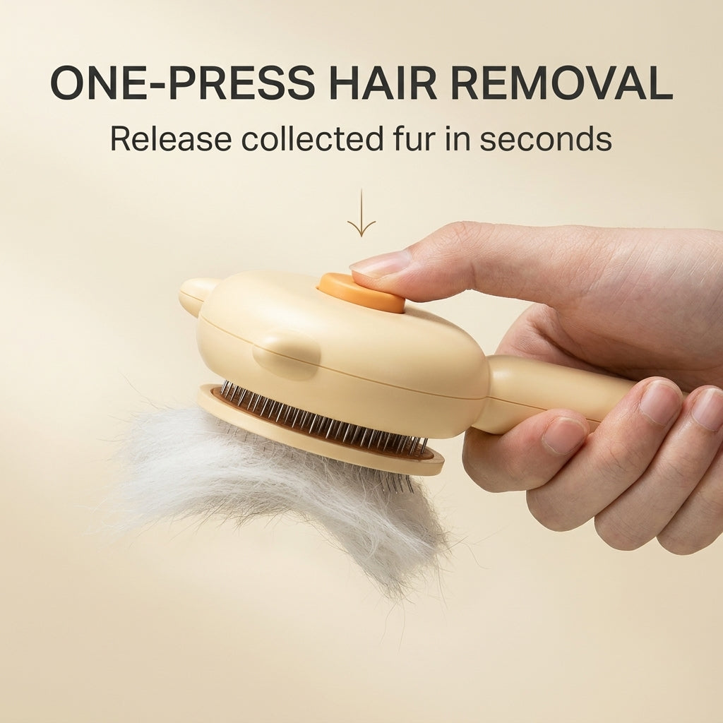 A hand holds a beige pet grooming brush with a visible pile of white fur being released from the brush. Text at the top reads 'ONE-PRESS HAIR REMOVAL' with smaller text below.