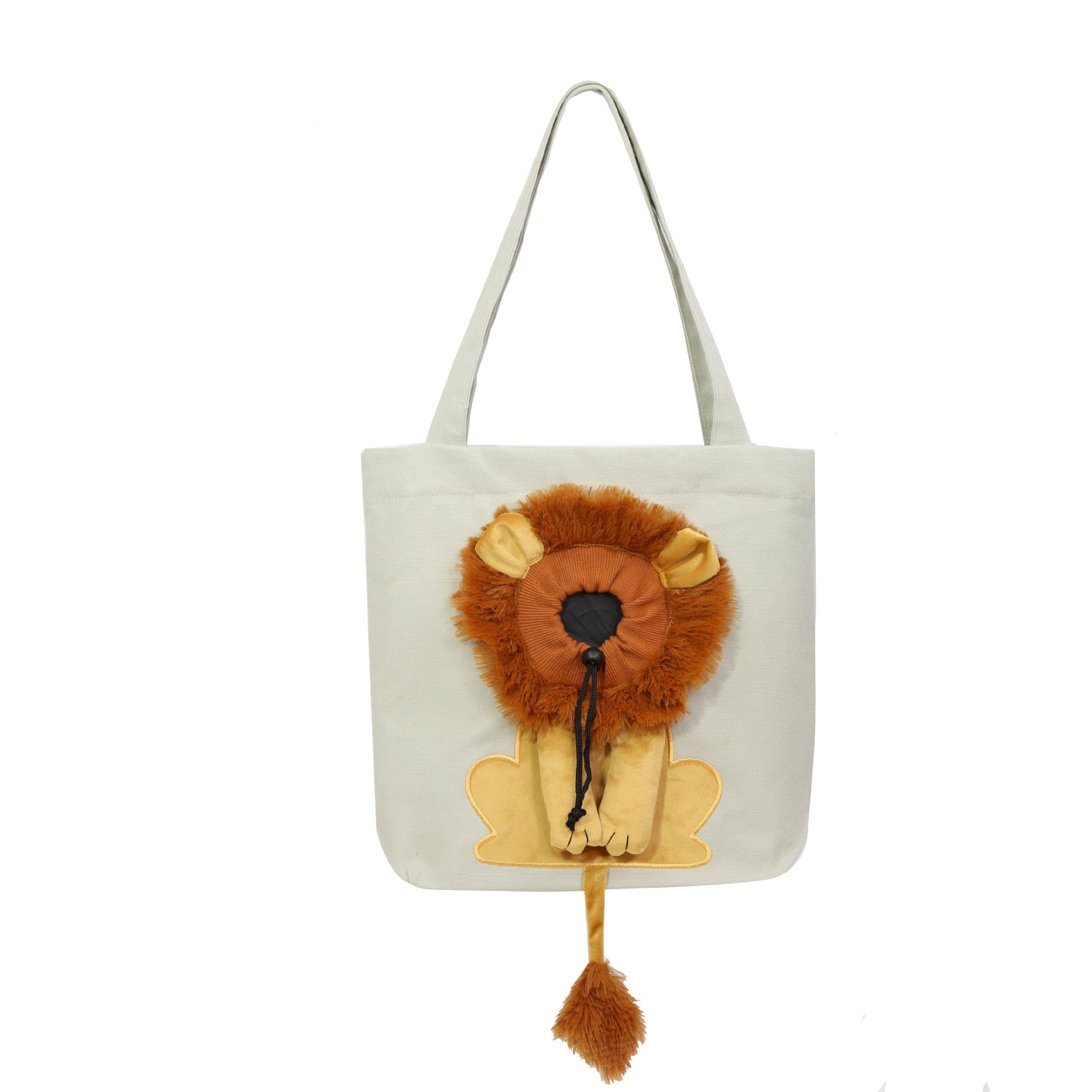 Lion design pet carrier tote Light Grey bag with plush lion detail