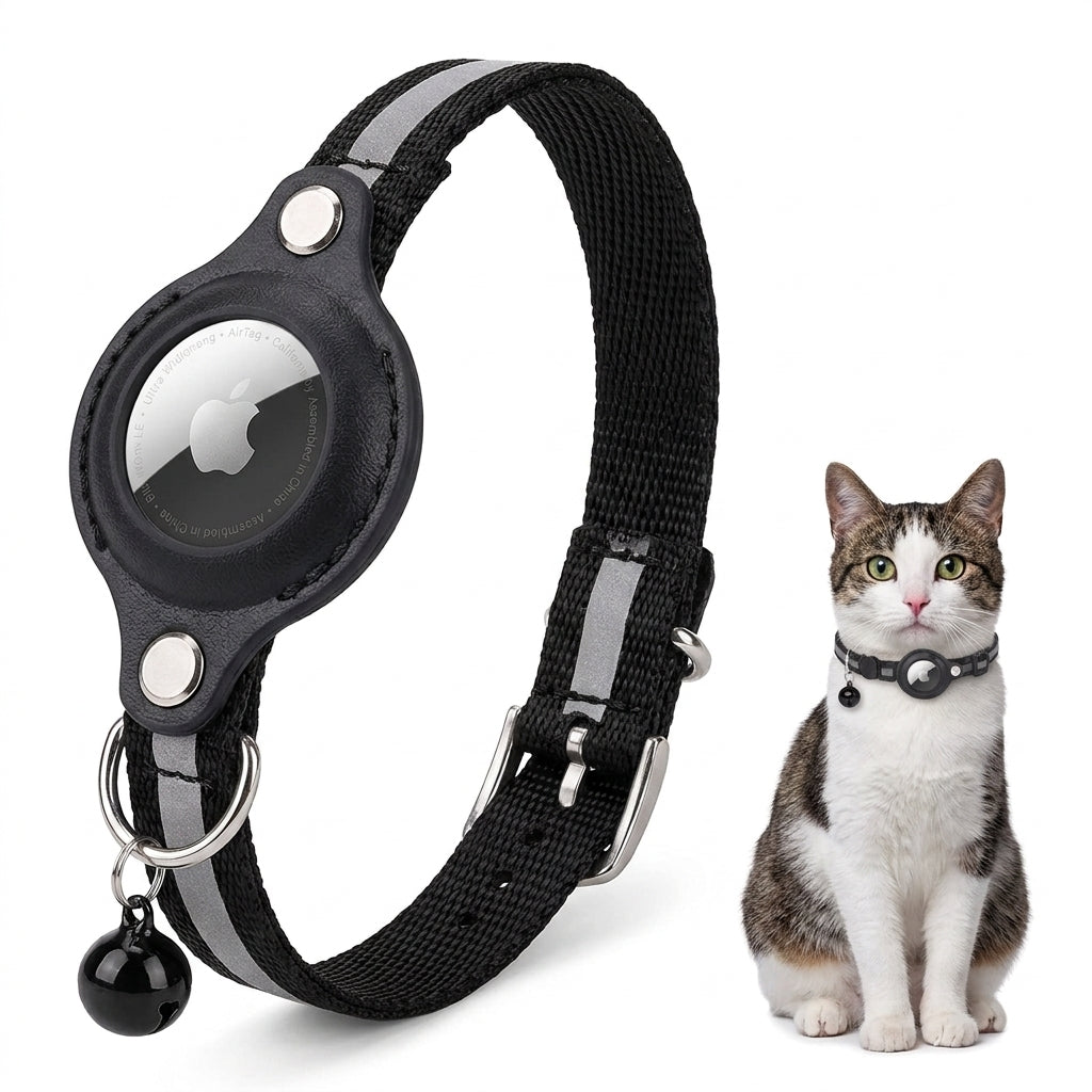 Black reflective breakaway cat collar with AirTag holder and bell