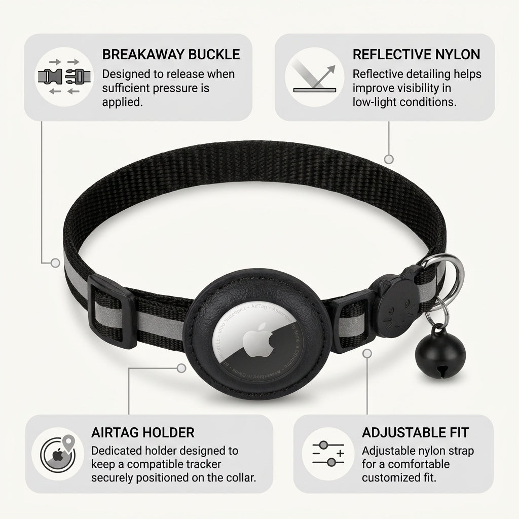 Black cat collar featuring reflective nylon, breakaway buckle, AirTag holder and bell