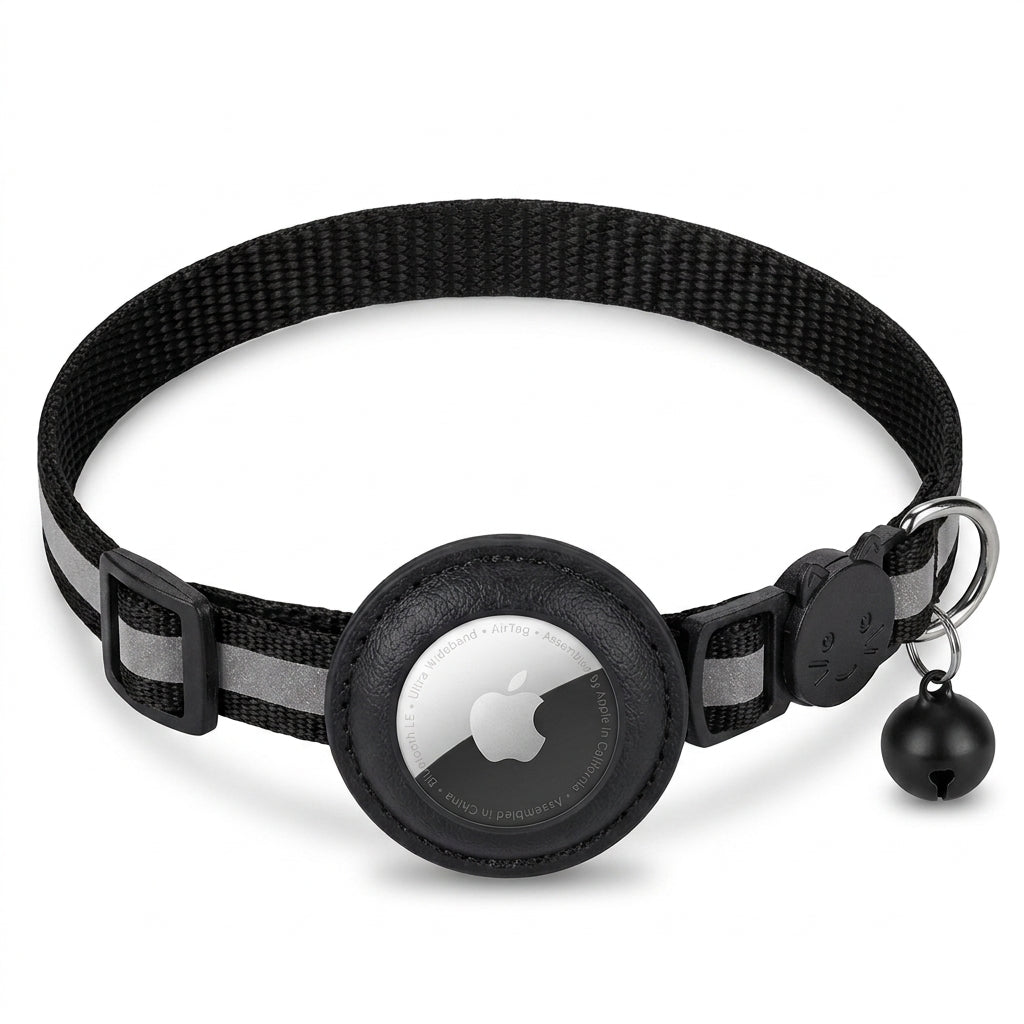 Black reflective nylon cat collar with AirTag holder and bell