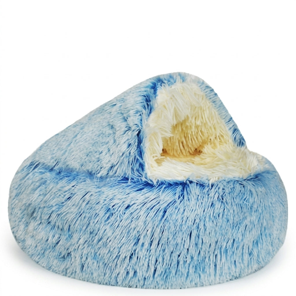 Blue fluffy semi-enclosed cat cave bed with soft cream interior