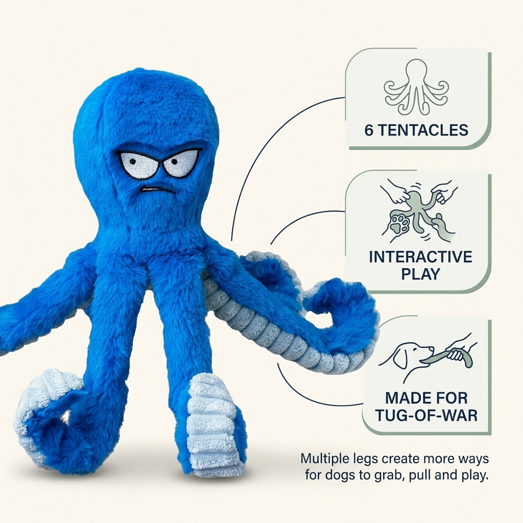Blue octopus dog toy with six tentacles for interactive play