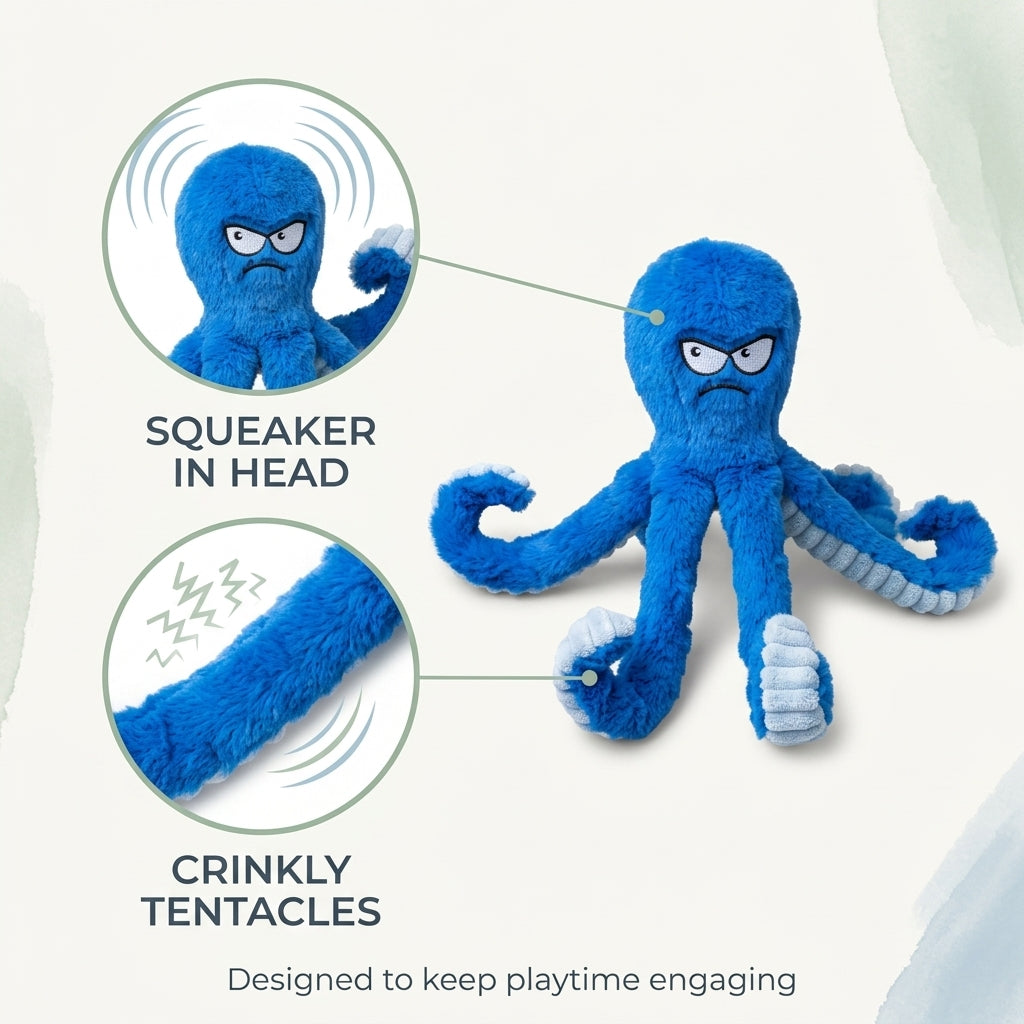Blue octopus dog toy with squeaker and crinkly tentacles