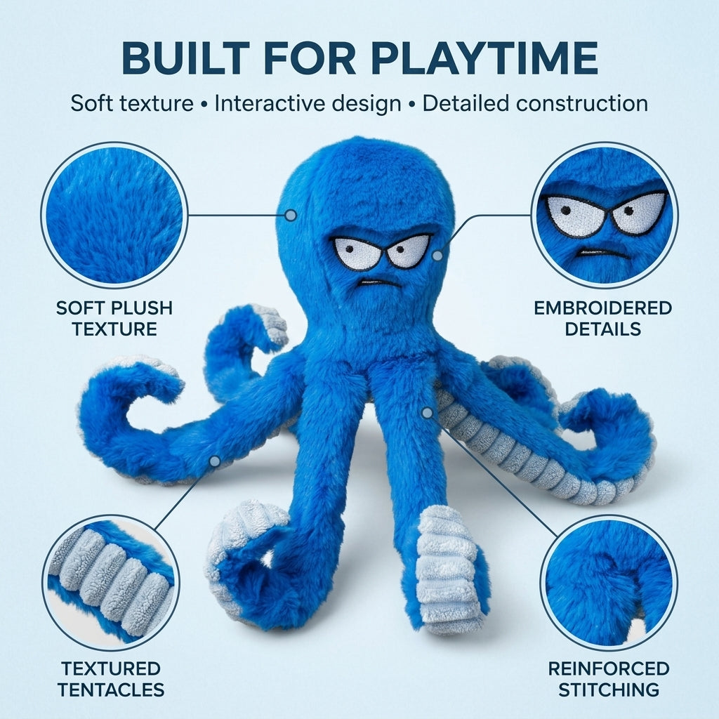 Blue octopus plush dog toy with soft texture and detailed stitching