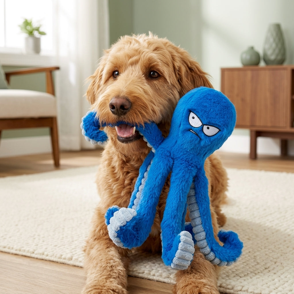 Dog enjoying playtime with a blue octopus plush toy