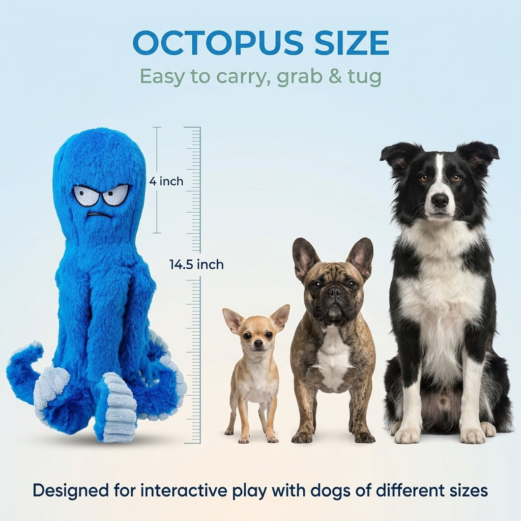Blue octopus plush dog toy size guide with dogs