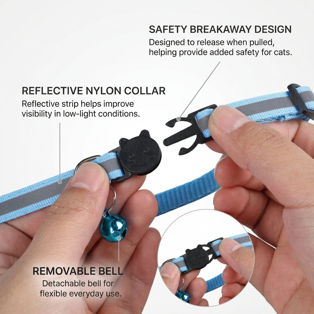 Reflective cat collar with safety breakaway buckle and removable bell