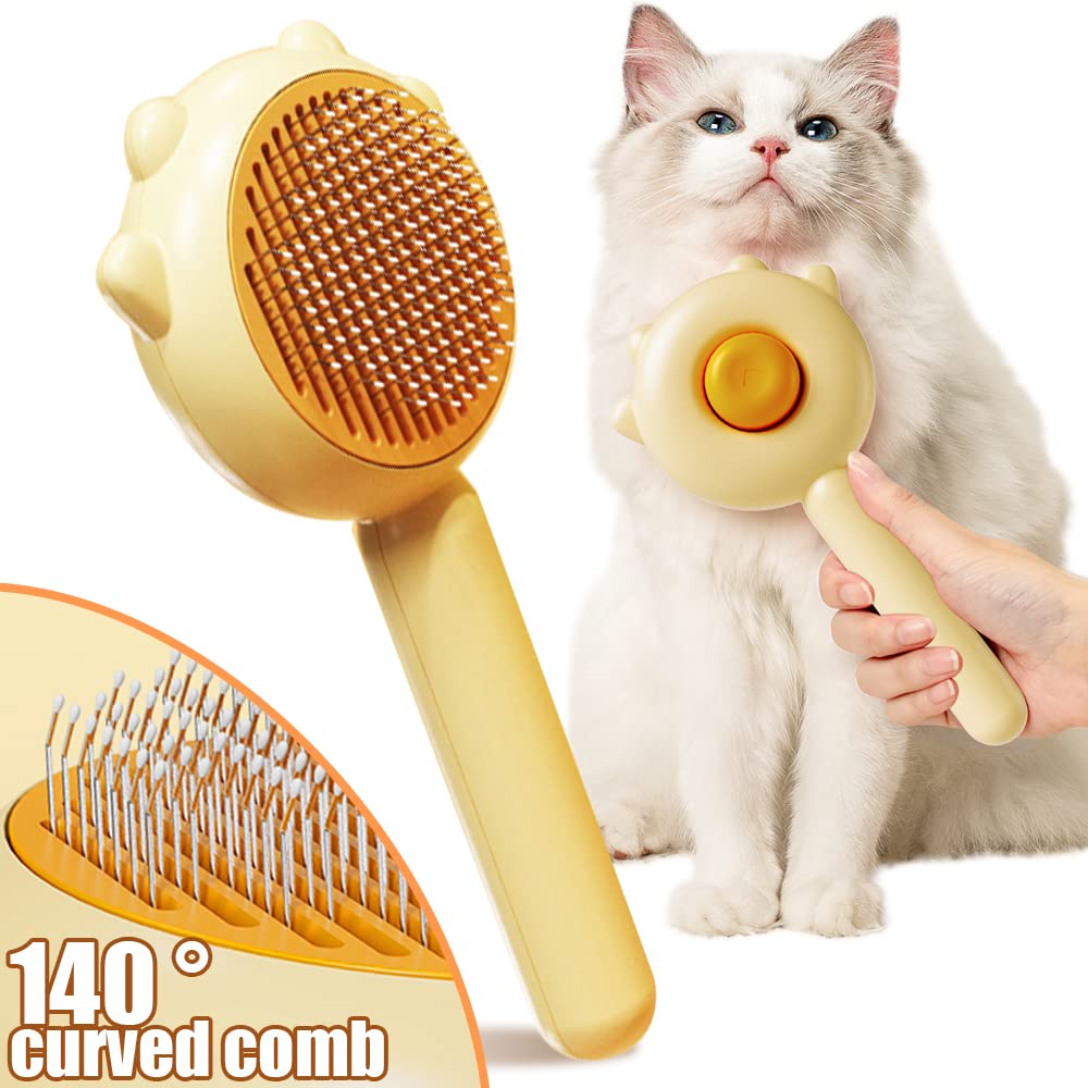 Cat grooming brush featuring 140-degree curved grooming teeth