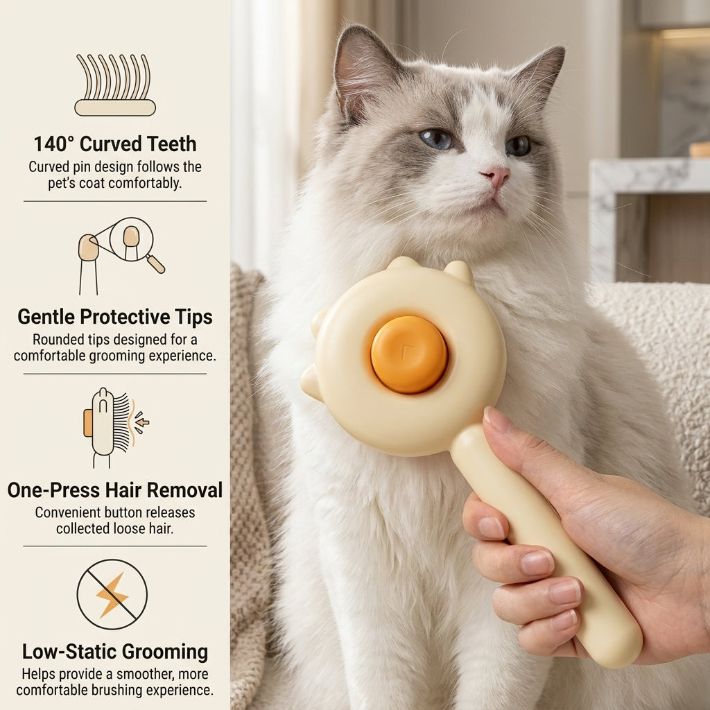 Cat grooming brush with curved pins and gentle grooming features