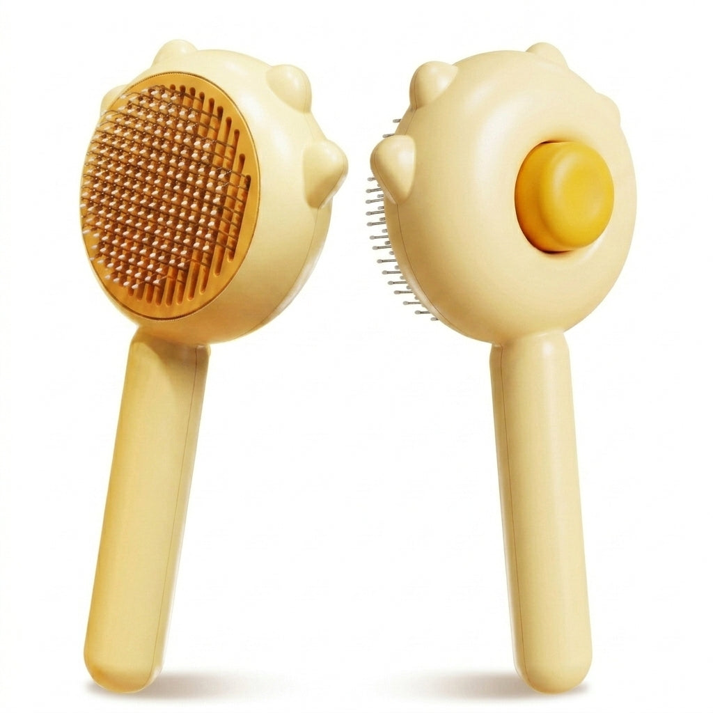 Cream cat grooming brush shown from front and back
