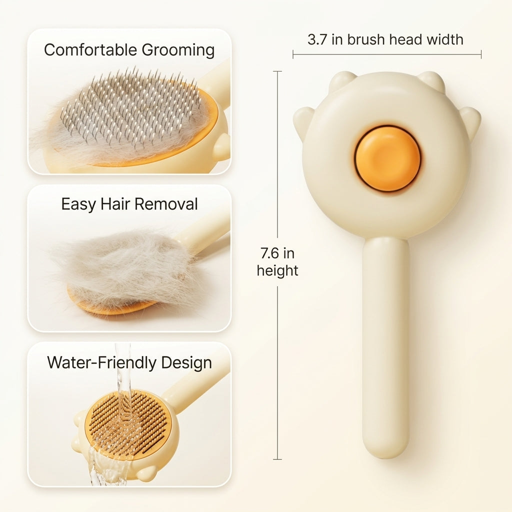 Cat grooming brush with one-button hair removal feature