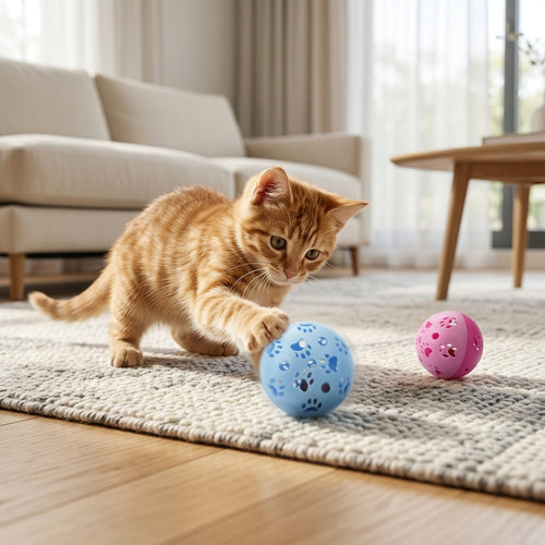 Cat playing with hollow paw print ball toy indoors