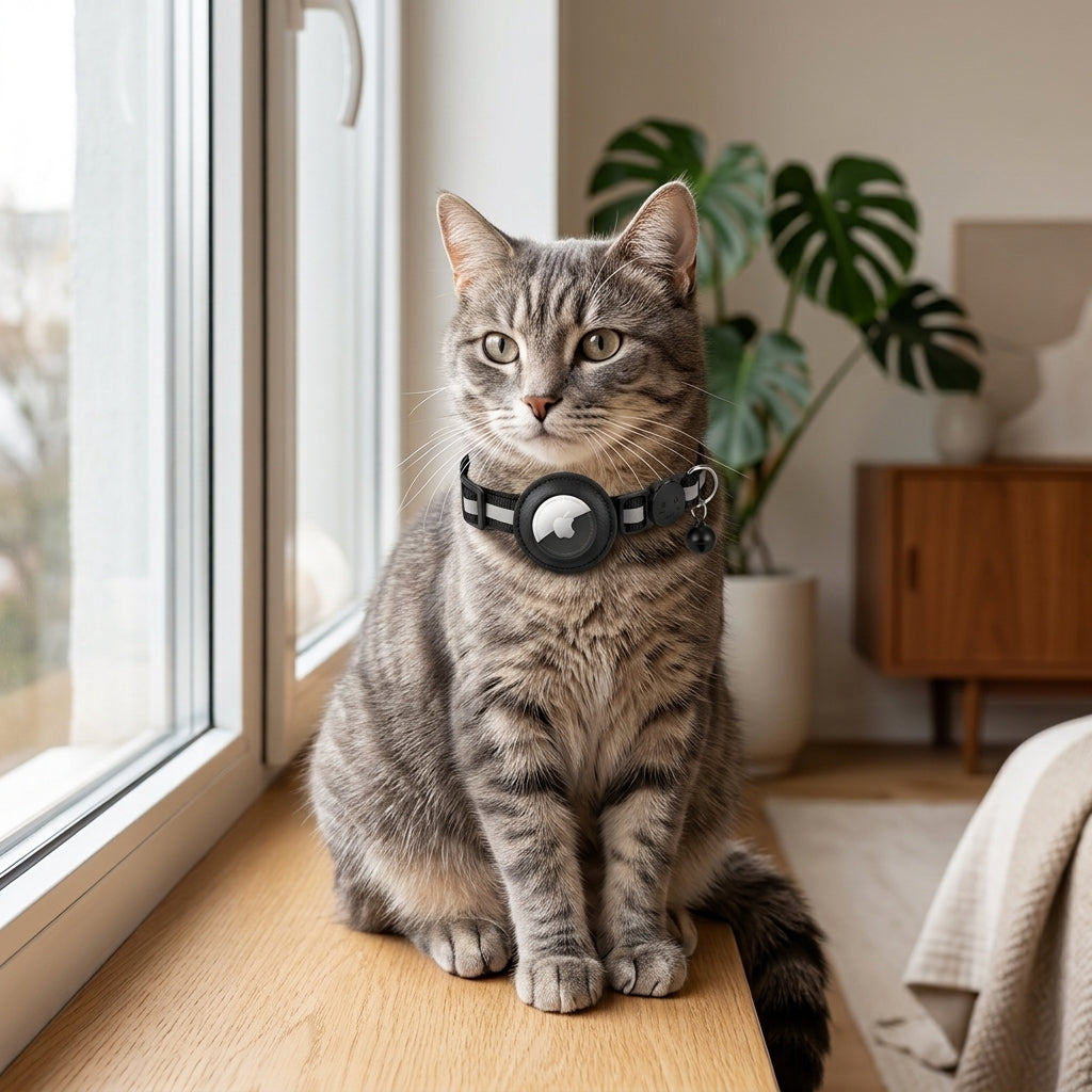 Cat wearing a black reflective breakaway collar with AirTag holder