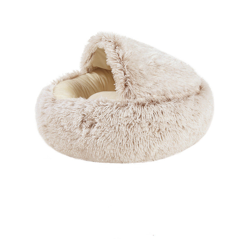 Cream fluffy cat cave bed shown from the side