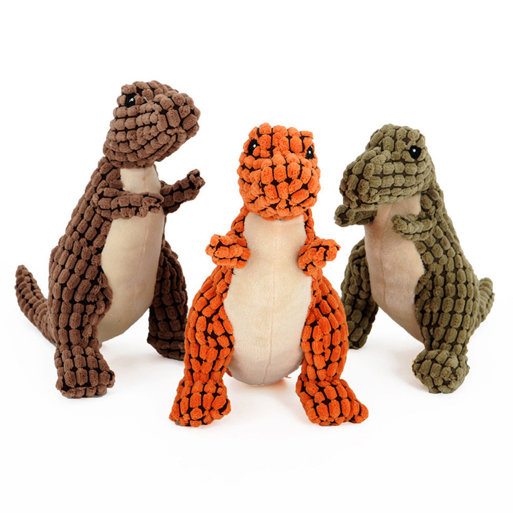 Dinosaur plush dog toys shown in orange brown and green color options