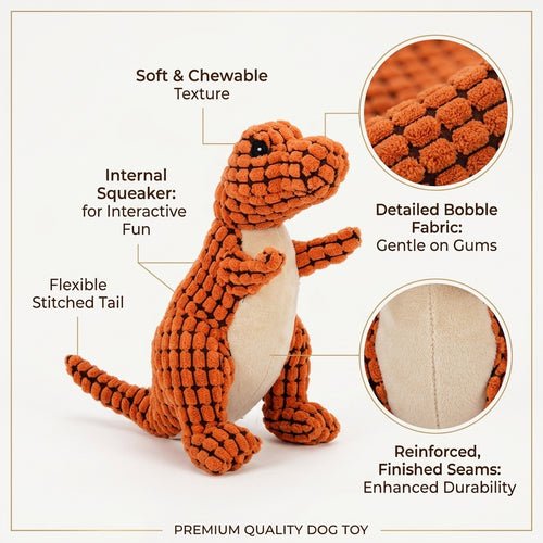An orange and cream corduroy dinosaur dog toy with callout labels and circular fabric detail insets on a clean white background.