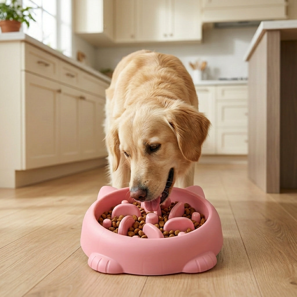 Dog eating dry food from a slow feeder dog bowl