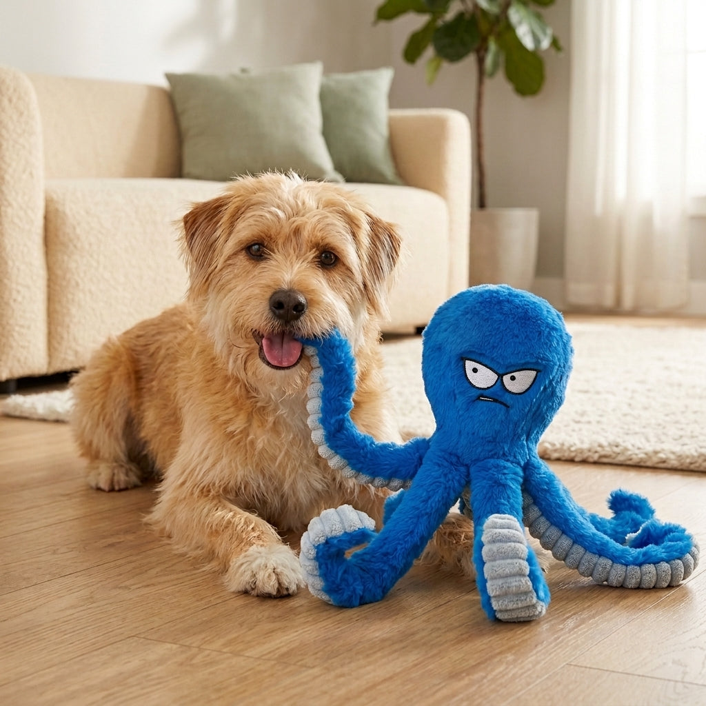 Dog playing with a blue octopus plush toy