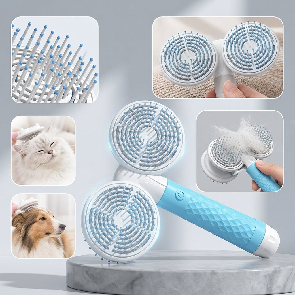 Dual-head pet grooming brush showing brush head and grooming features