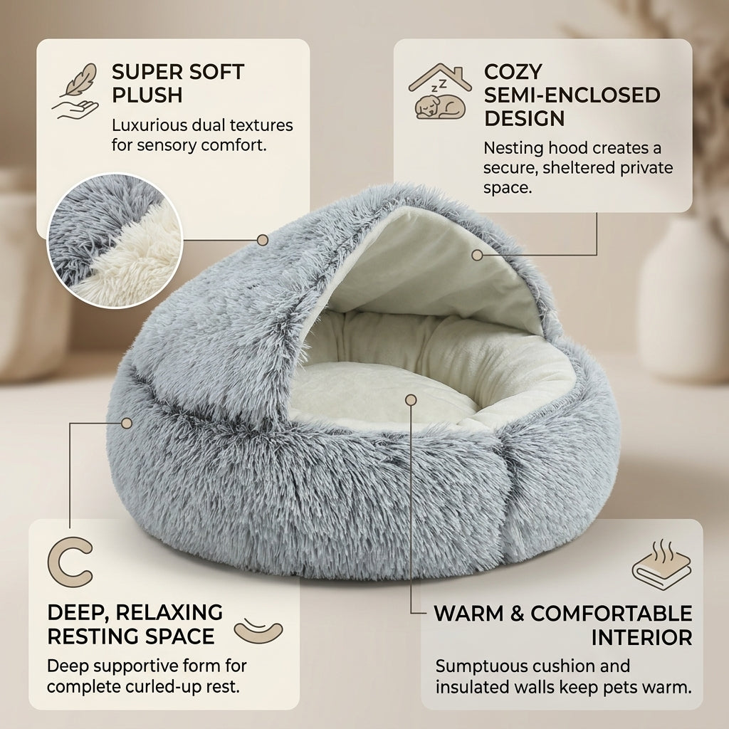 Fluffy gray cat cave bed with soft plush interior and cozy semi-enclosed design