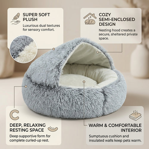 Fluffy gray cat cave bed with soft plush interior and cozy semi-enclosed design