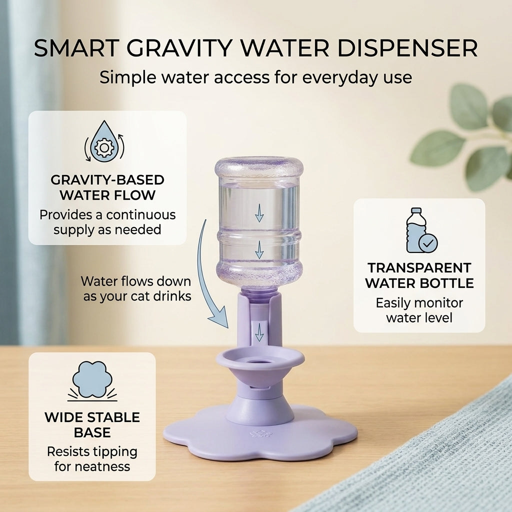 Gravity cat water dispenser with bottle and drinking reservoir