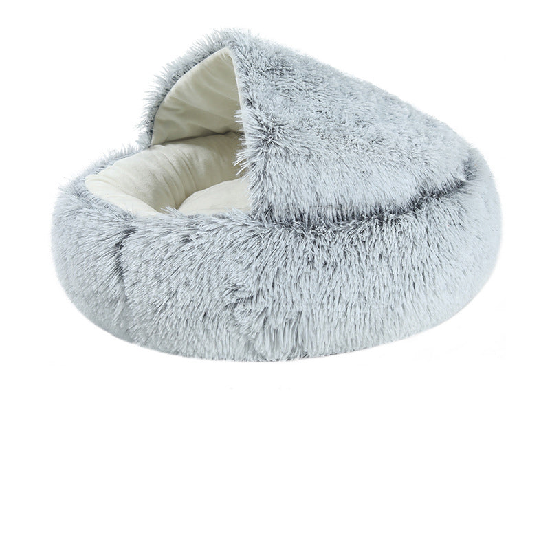 Gray fluffy cat cave bed shown from a side angle