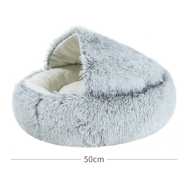 Fluffy pet bed with dimensions on a white background