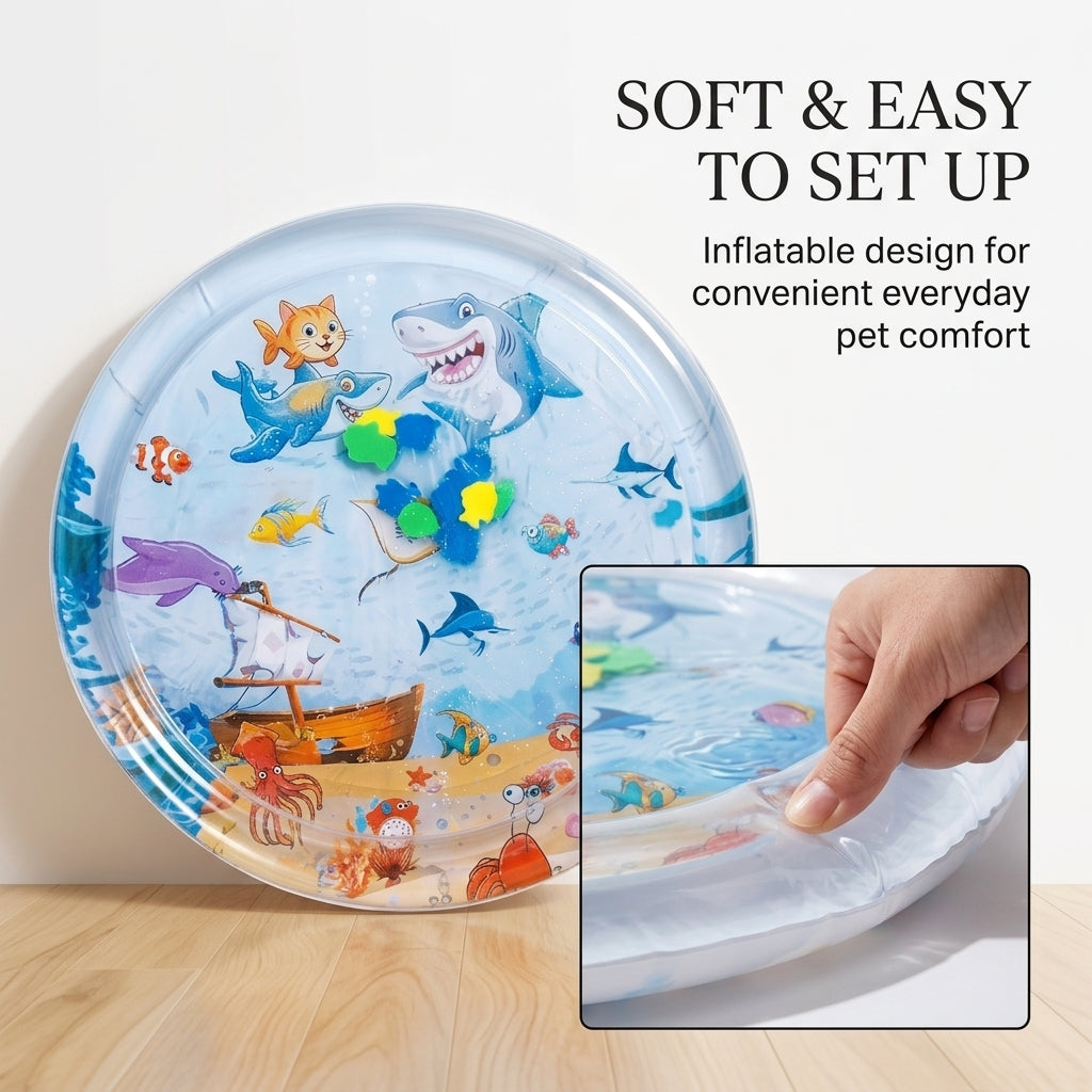 Inflatable pet water mat shown with easy setup and soft cooling surface