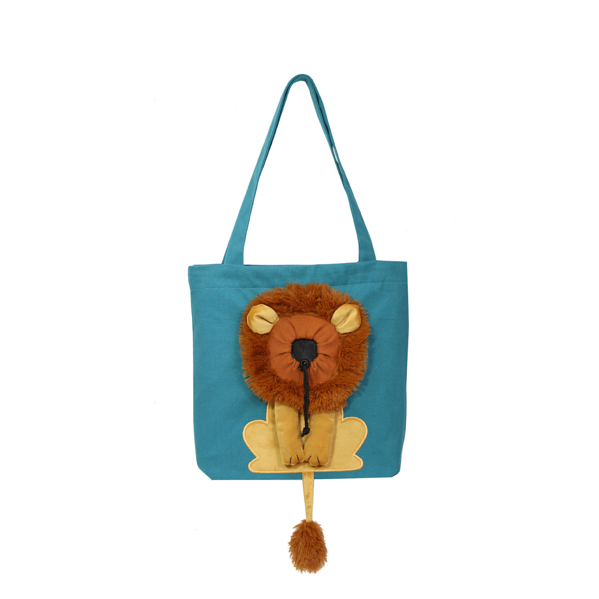 Blue tote bag with a lion design on a white background