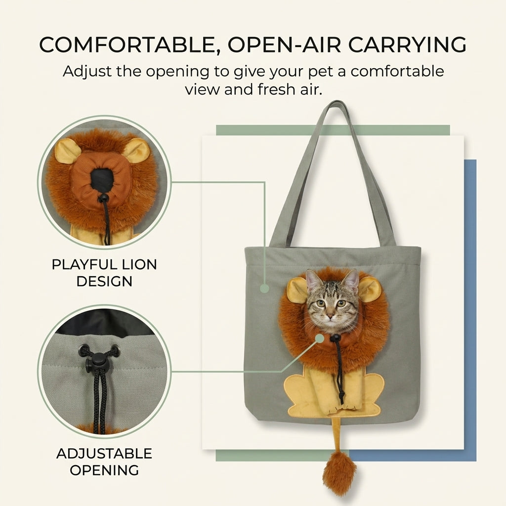 Lion design pet carrier bag showing adjustable opening, plush lion details, paws and fluffy tail