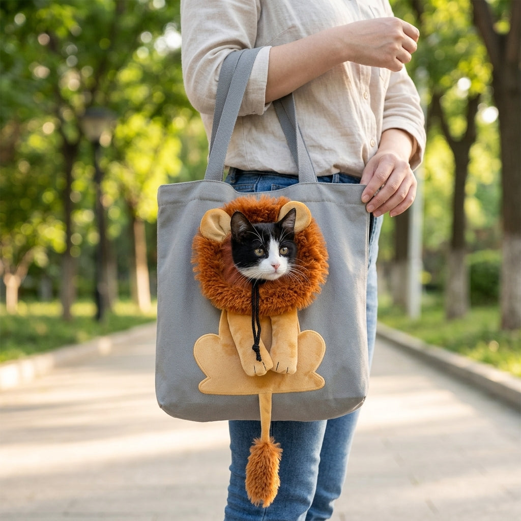 A person outdoors carrying a gray tote bag with a plush lion costume pet carrier. A black-and-white cat is visible inside the lion costume pocket on the bag, with a blurred park path and trees in the background.