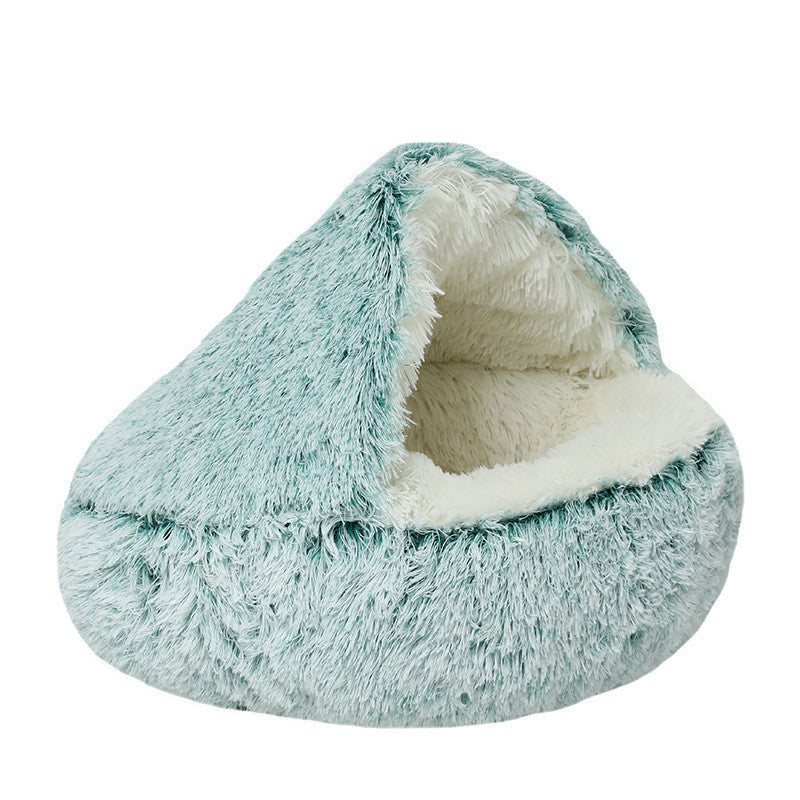 Mint green fluffy semi-enclosed cat cave bed