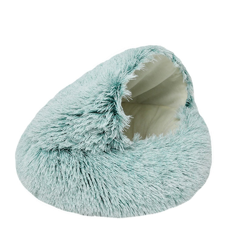 Mint green fluffy semi-enclosed cat cave bed