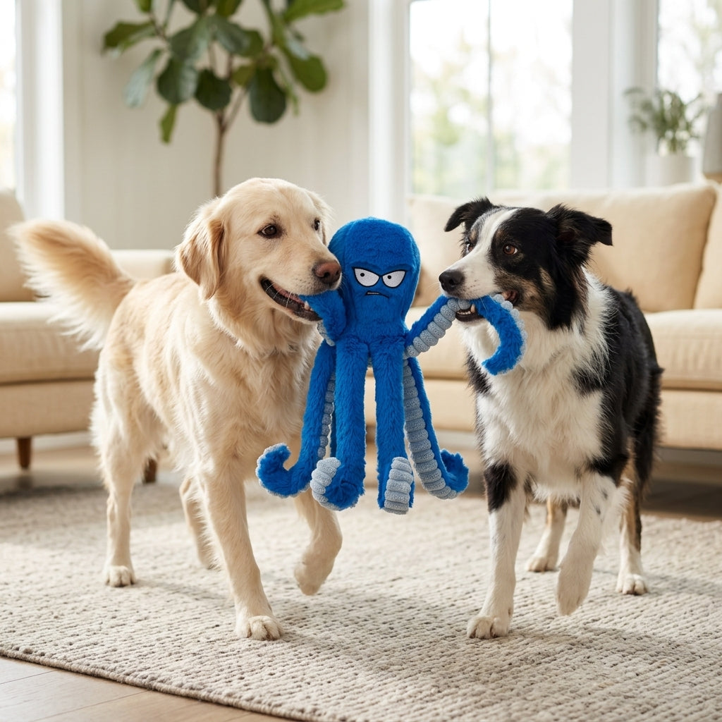 Dogs playing tug of war with a blue octopus plush toy