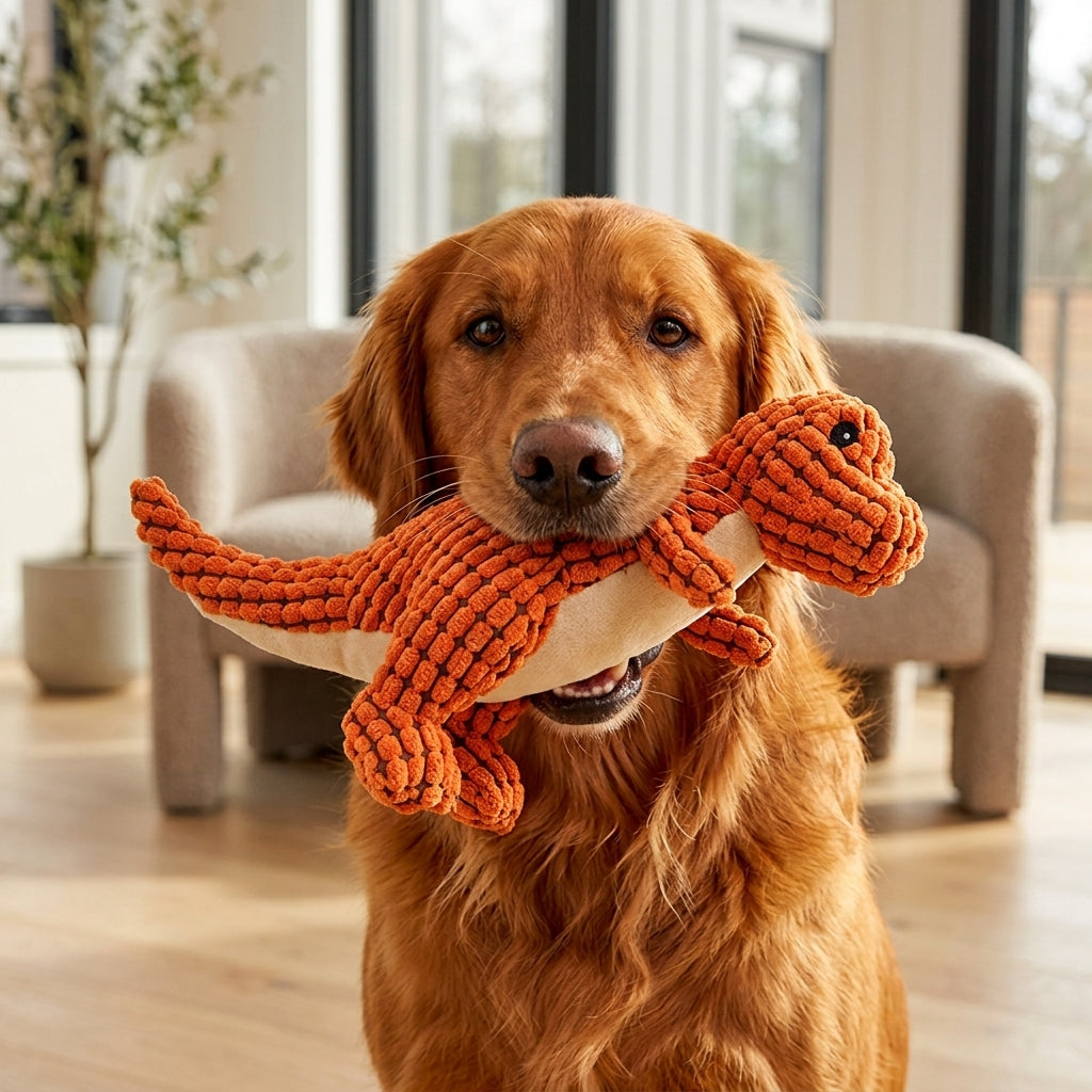 A golden retriever dog holds an orange knitted dinosaur plush toy in its mouth, sitting in a bright, modern living room with a beige armchair and large windows in the background.