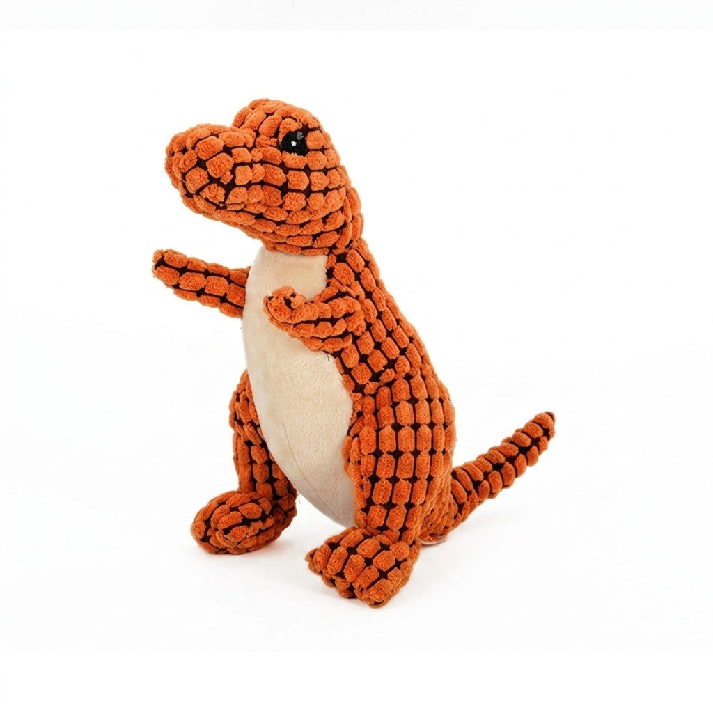 An orange textured plush toy dinosaur with a cream-colored belly, standing on a white background.