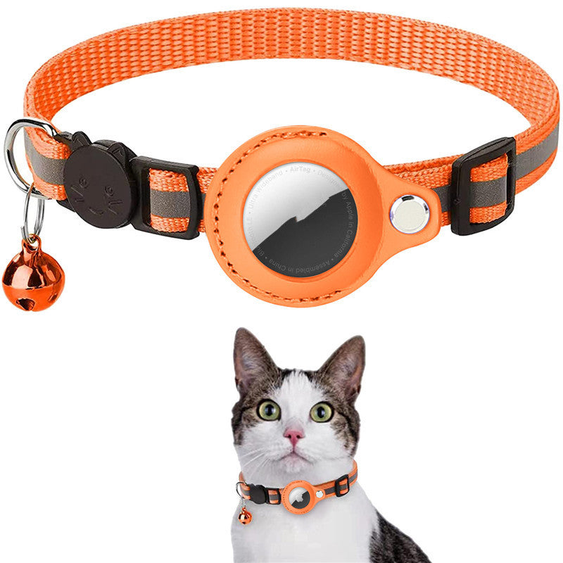 Orange reflective breakaway cat collar with AirTag holder and bell
