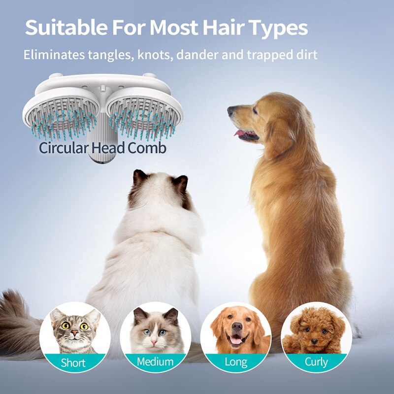 Circular head comb for pets suitable for various hair types with a dog and cat on a light blue background.