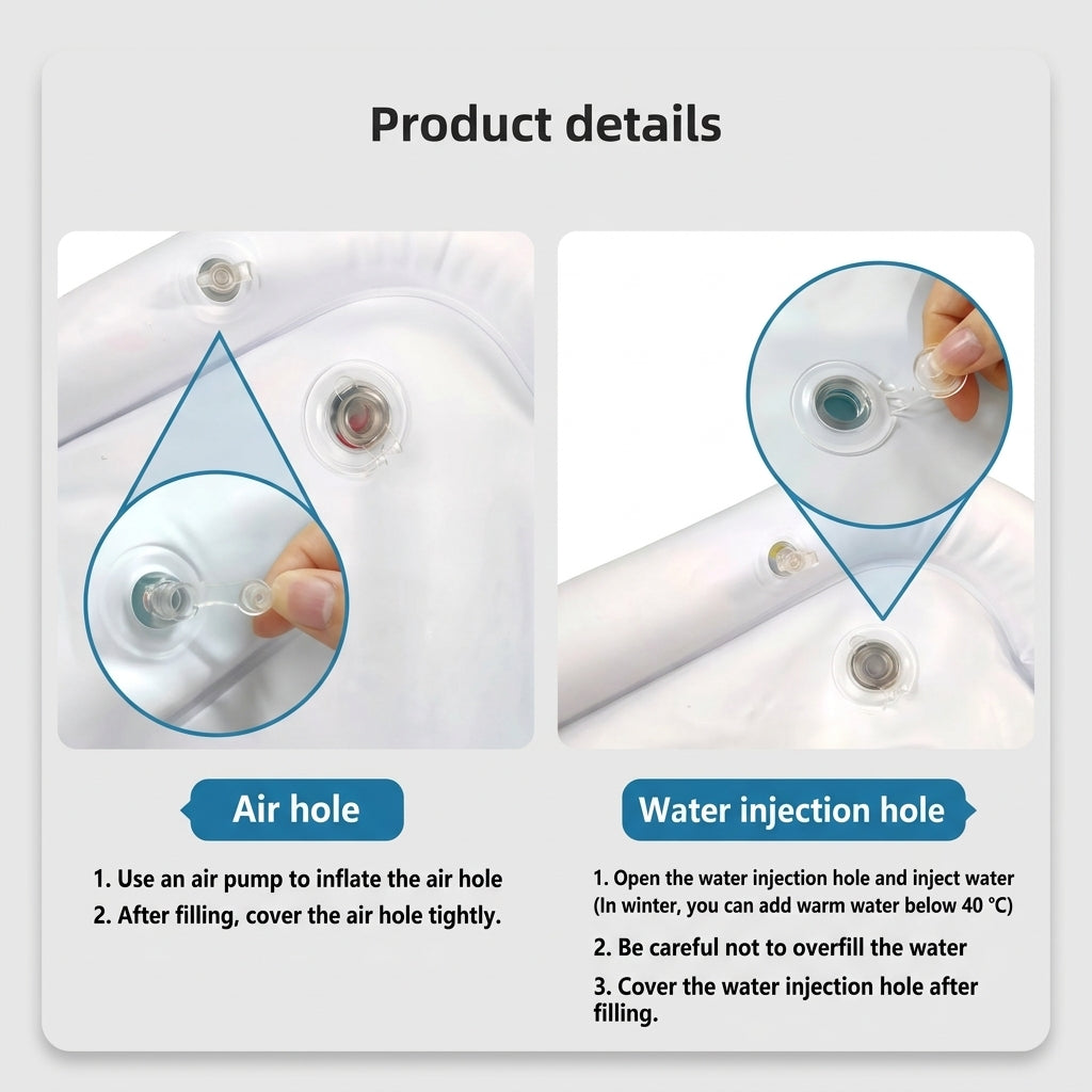 Pet water mat showing air inflation and water filling valves
