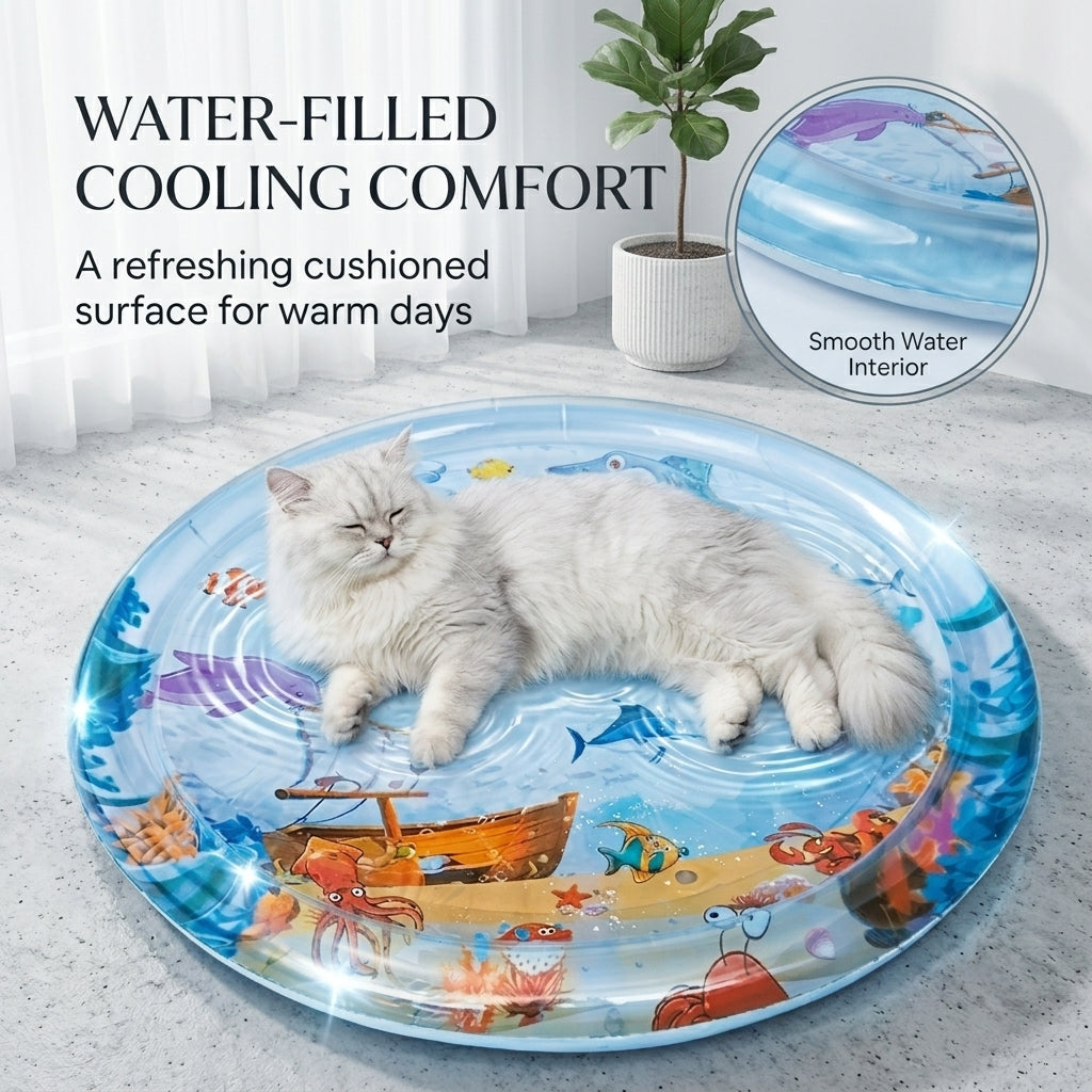 Inflatable pet water mat filled with cool water for summer comfort