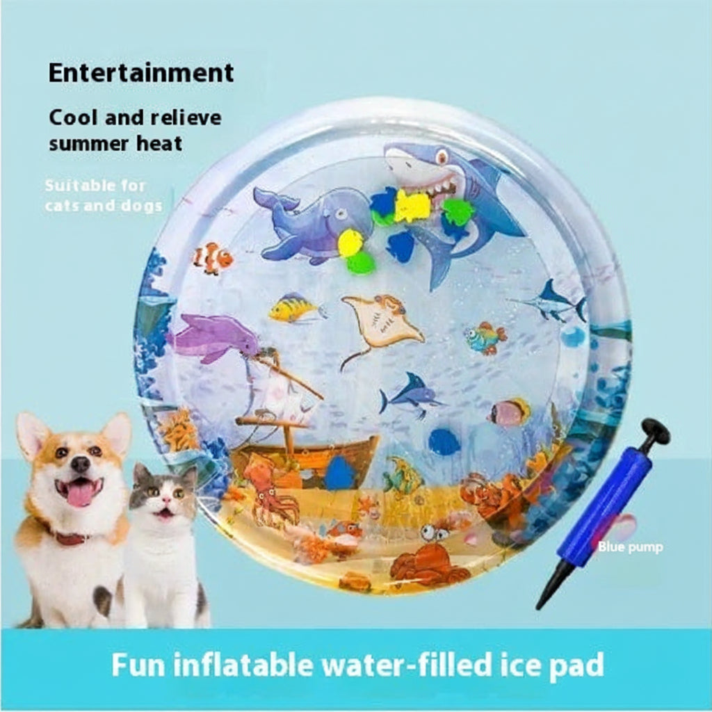 Fun inflatable water-filled pet cooling pad with ocean artwork