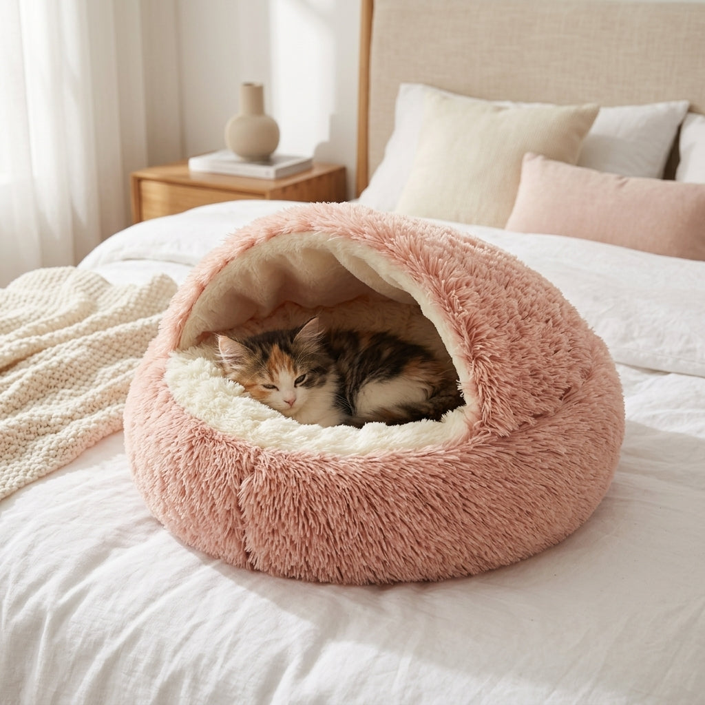 A fluffy dome-shaped pink pet bed with a cream interior, shown on a bed with a calico cat curled up inside. The bedroom setting includes white bedding, pillows, a wooden nightstand, and soft natural light.