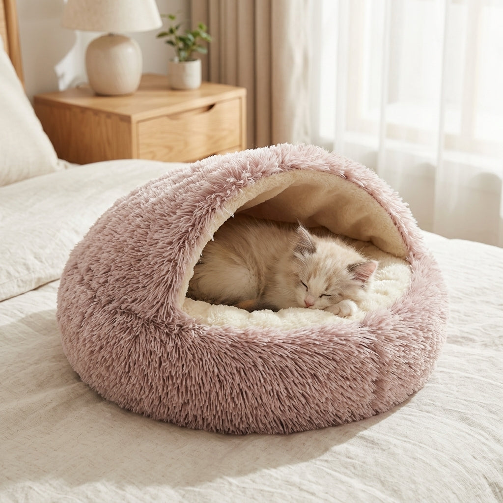 A fluffy dome-shaped cat bed in dusty pink and cream, with a sleeping white cat curled up inside, set on a bed in a softly lit bedroom.