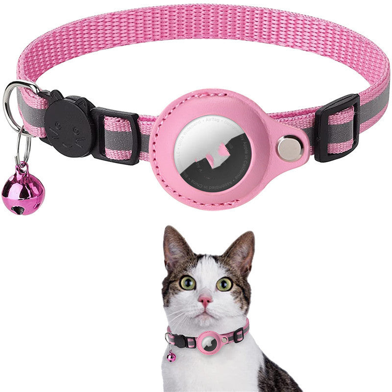 Pink reflective breakaway cat collar with AirTag holder and bell