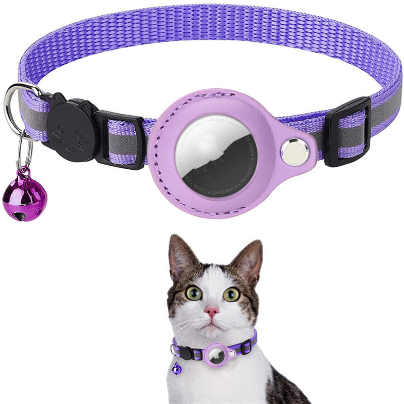 Purple reflective breakaway cat collar with AirTag holder and bell