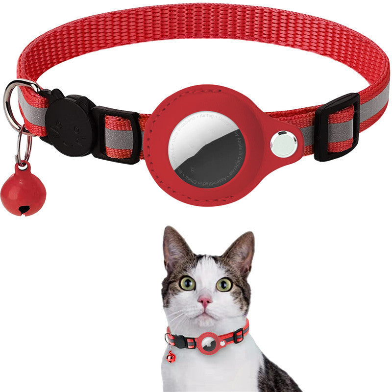Red reflective breakaway cat collar with AirTag holder and bell